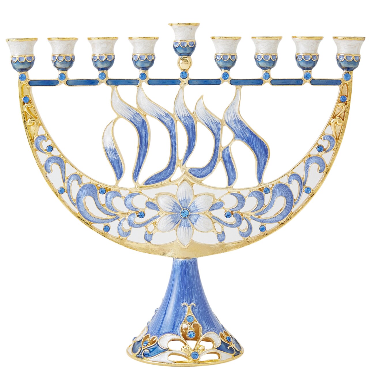 Matashi Hand Painted Enamel Menorah Candelabra W/ Flower And Hanukkah Design W/ Gold Accents And Crystals Jewish